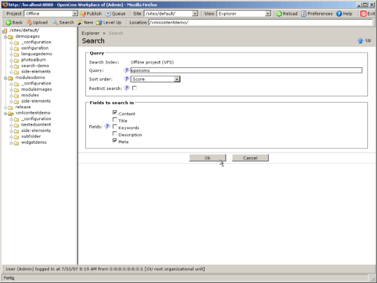 OpenCms workplace search dialog