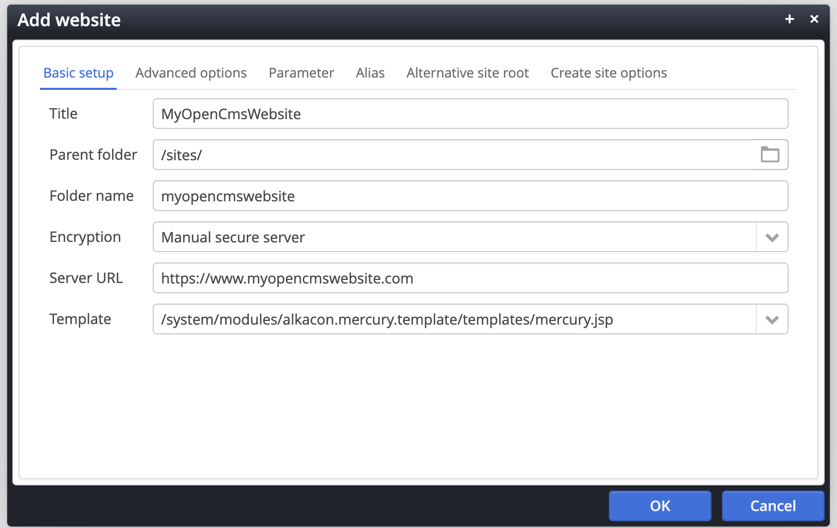 Creating a new site in the “Websites” app