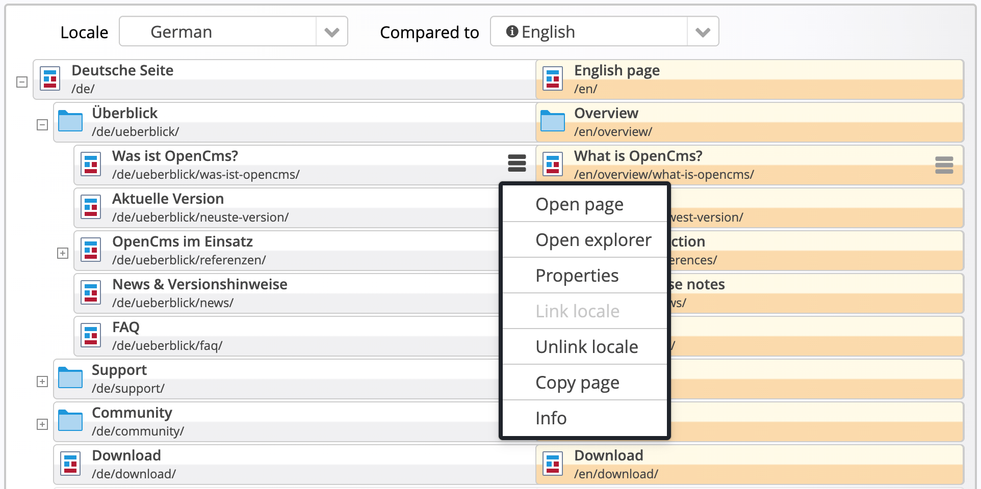 Compare locale dialog in the sitemap